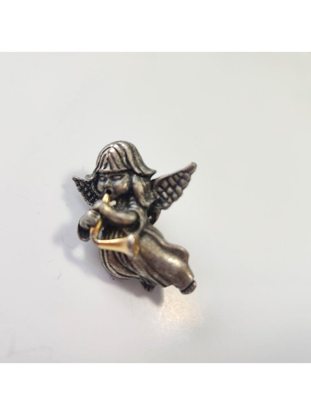 Vintage Pewter Angel Pin With Trumpet 1.25 Inches Long